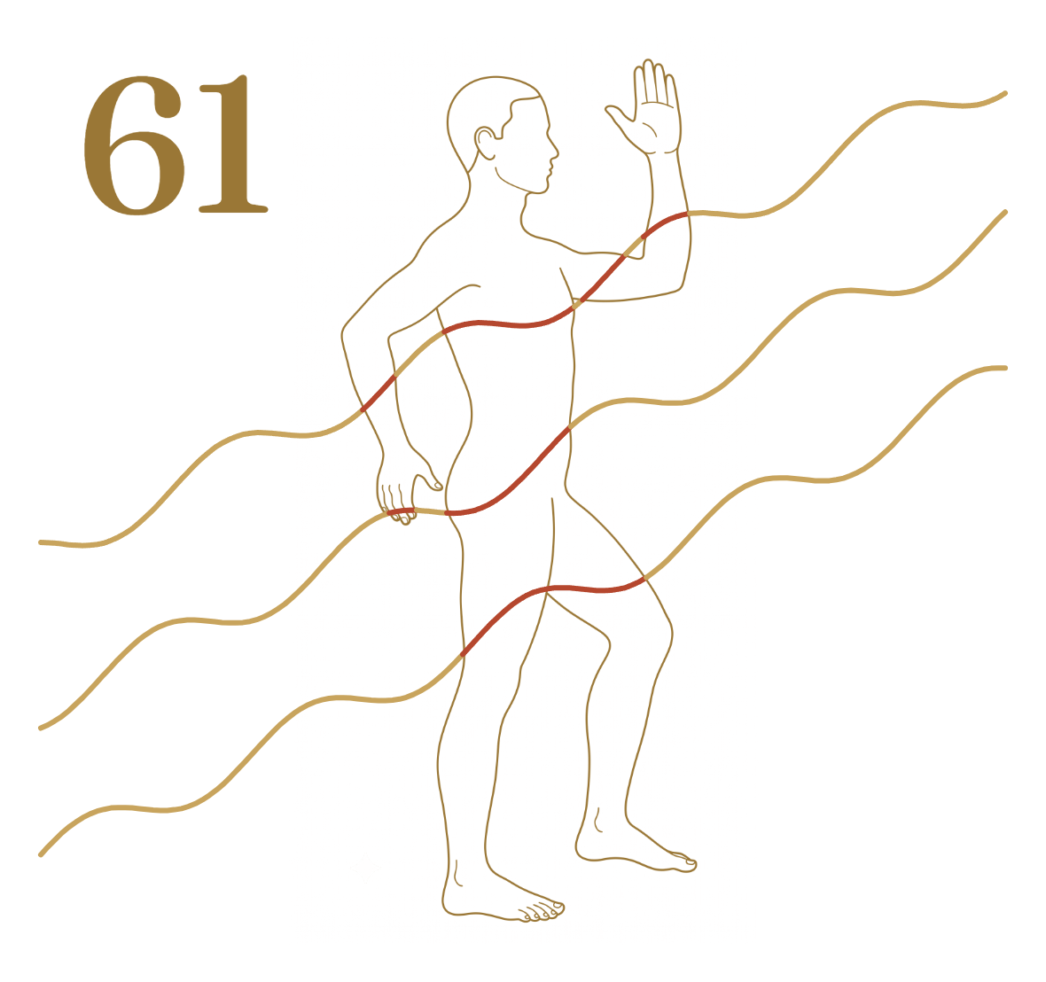 A walking figure crossed by wavy channel lines that turn red where they meet the body, with the number 61