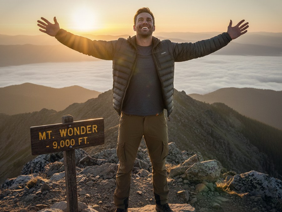 Arms open on a mountain summit at sunrise